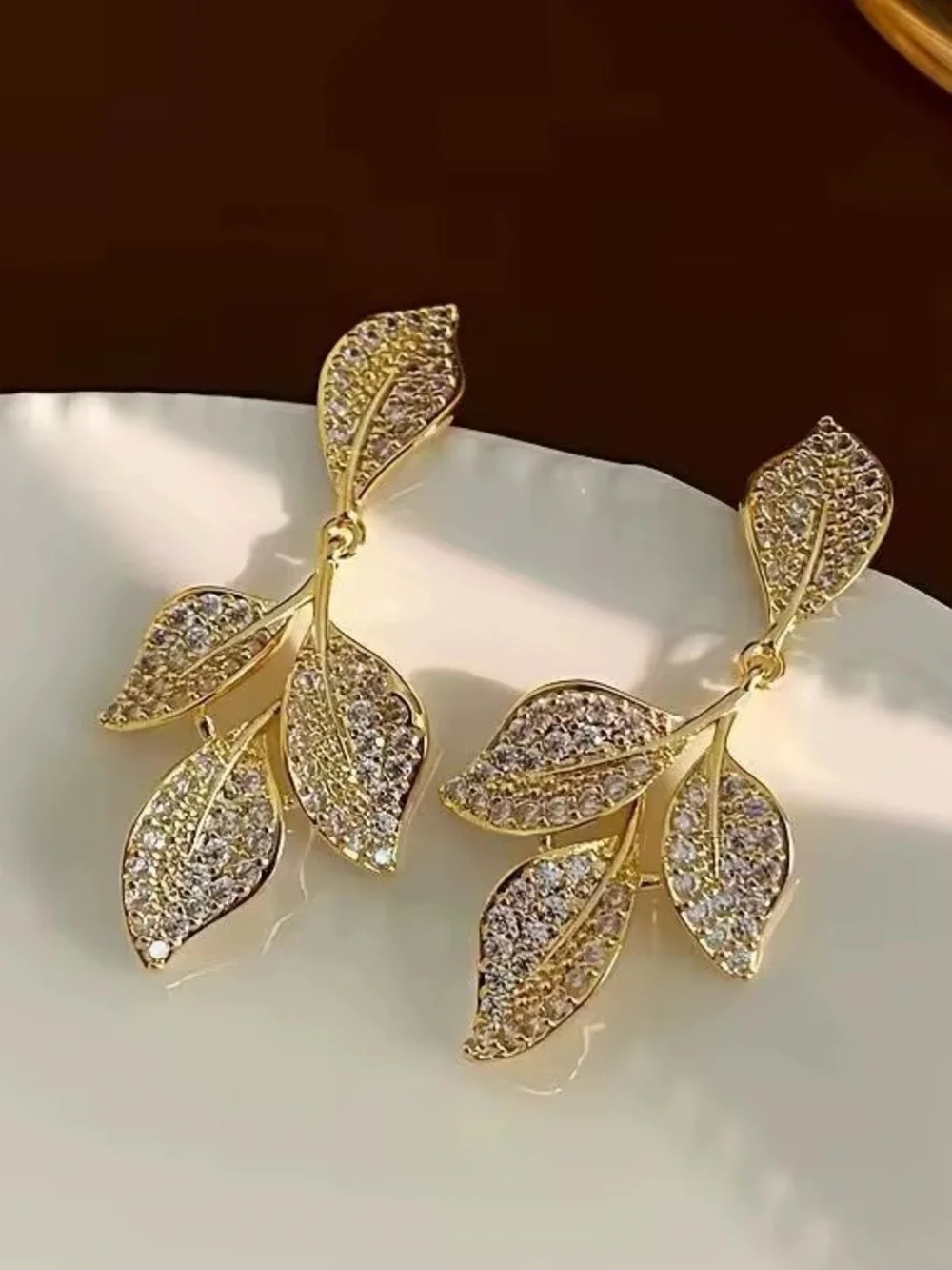 ***Dainty Gold Leaf Crystal Drop Earrings | Fashion Jewelry